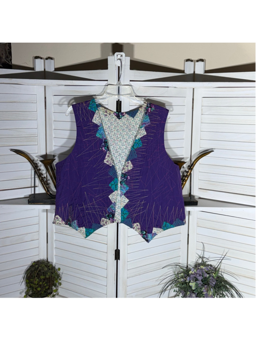 Vintage 70s patchwork vest purple floral cotton hippie boho cottage fairy whimsi